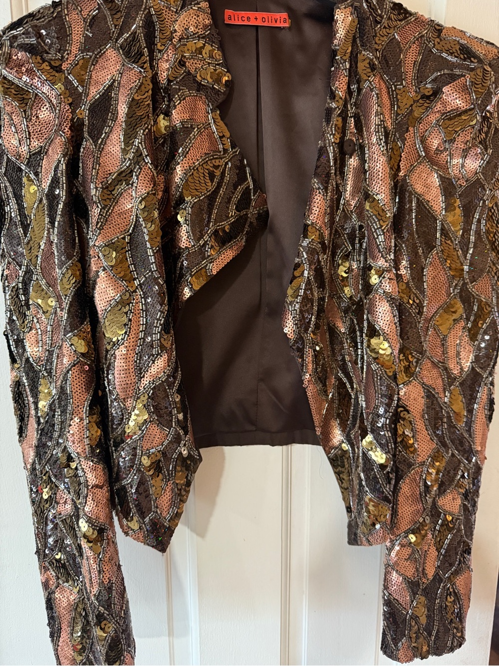 alice + olivia Rose Pink and Gold Beaded Draped Blazer